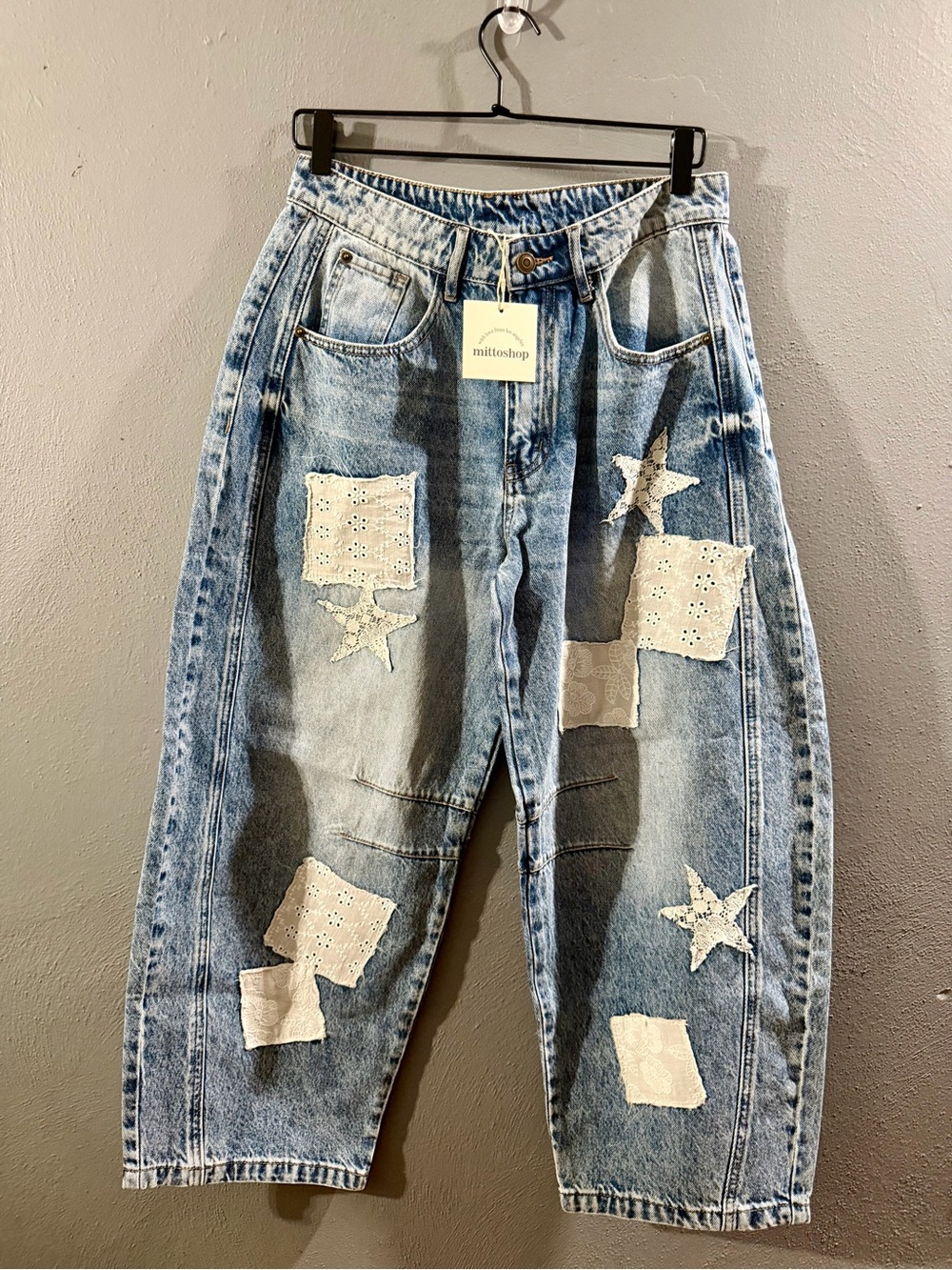 Mittoshop Women’s Blue Patchwork Star Barrel-Leg Jeans